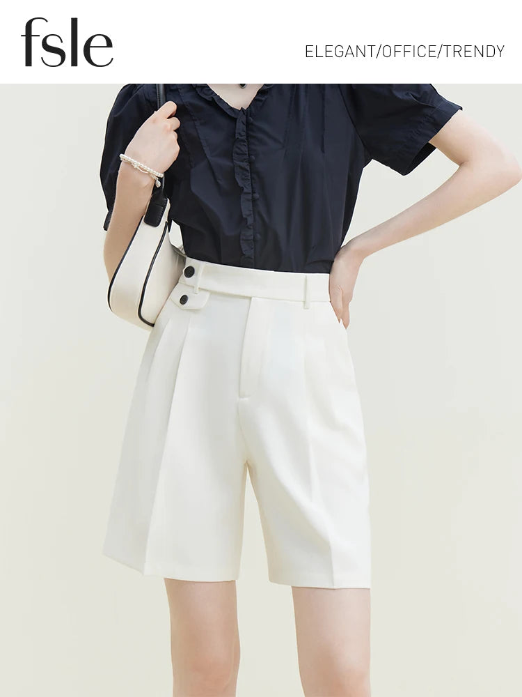 FSLE Office Lady Five-Point Suit Shorts High Waist Button Decoration Pleated Design Loose Solid Shorts Twill Commuter Bottoms - reetell