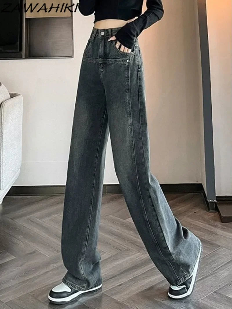 Spring Autumn Black Straight Solid Color Casual Loose Baggy Jeans Women High Waist Wide Leg Y2K Aesthetic Denim Pants Streetwear - reetell