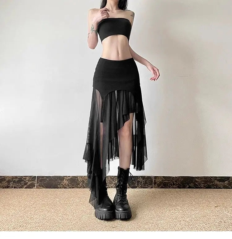 Women Clothes Vintage Y2K Harajuku Aesthetic Fairy Asymmetrical Skirts Summer Female Sexy Split Solid High Waist Slim Midi Skirt - reetell