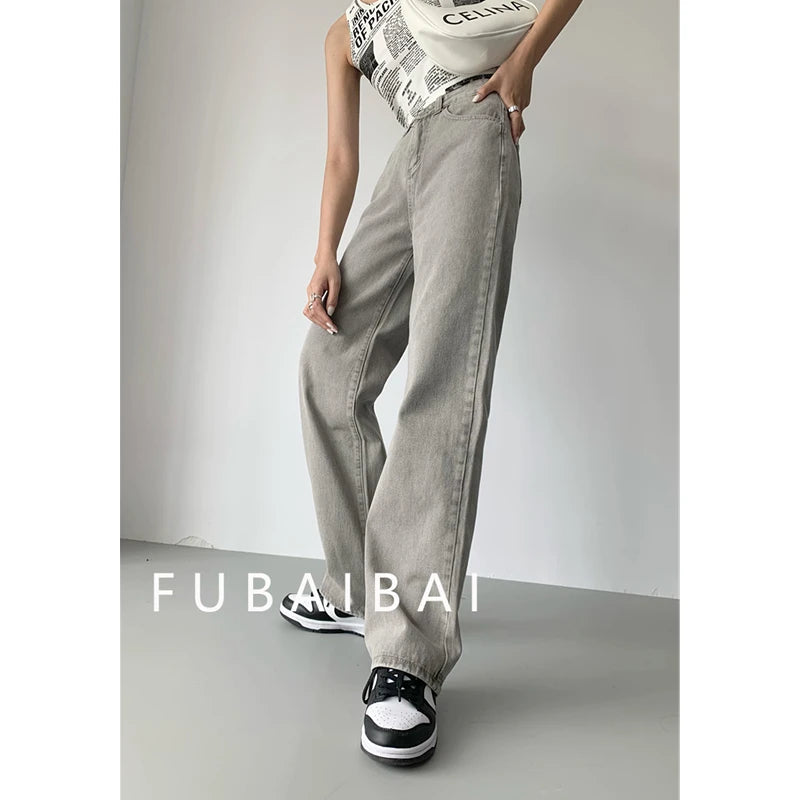 Grey Womens Jeans High Waist Vintage Straight Baggy Denim Pants Streetwear American Style Fashion Casual Wide Leg Denim Trouser - reetell