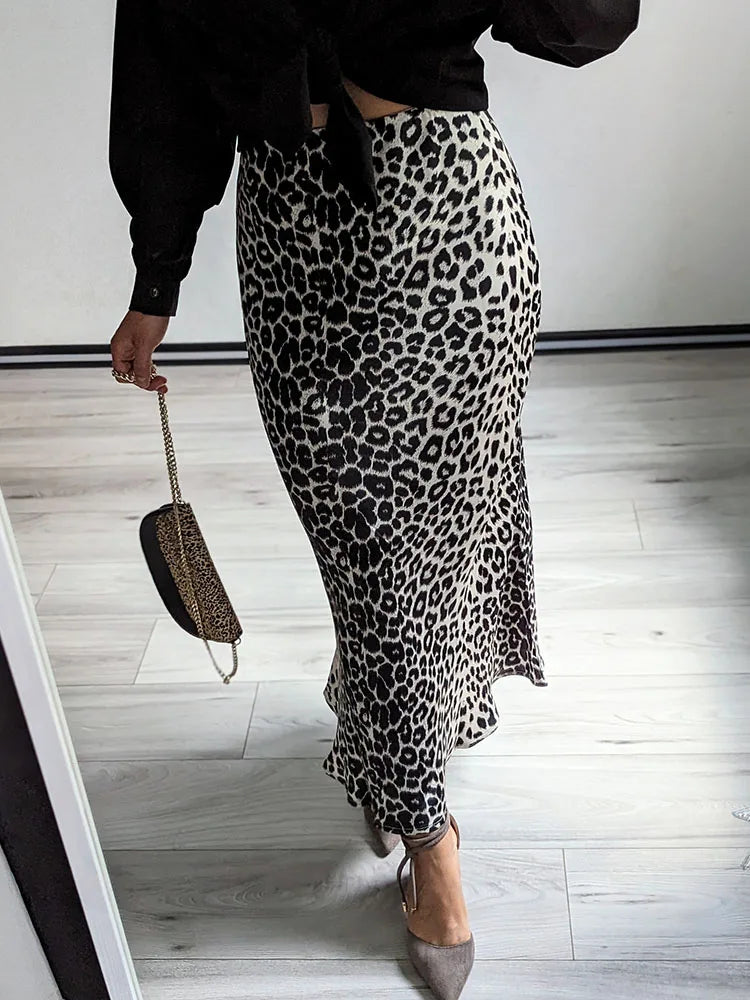 MiuKoMiYa Autumn Satin Leopard Print Maxi Skirt Women High Waist A Line Office Slim Long Leopard Skirt For Women Elegant 2024 - reetell