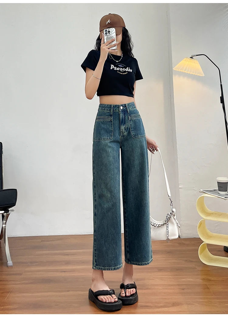 No stretch women jeans new straight leg wide streetwear high waist boyfriend pockets denim trousers cargo pants japanese y2k - reetell