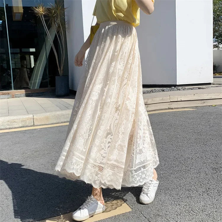 Lace High Waist Skirt Women Faldas Ropa Mujer Casual Loose Summer White Long Skirts Ladies Fashion Jupe Solid Woman Clothes Saia - reetell