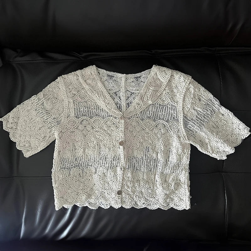 Sheer Embroidery Lace Blouse Cover Up Top Short Sleeve Button Front Cardigan Women Summer Boho Vacation Outfit - reetell