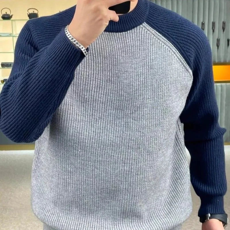 Autumn Winter Mens Sweaters Casual Warm Loose Fashion Patchwork Pullover Retro Harajuku Round Neck Knitted Bottoming Shirt - reetell