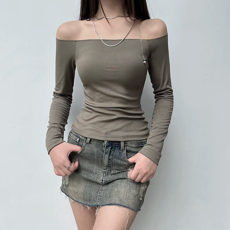 CIBBAR Solid Slash Neck Crop Top Women Off Shoulder Long Sleeve Skinny T-shirt Harajuku y2k Femme Clothing Autumn Casual Shirts - reetell