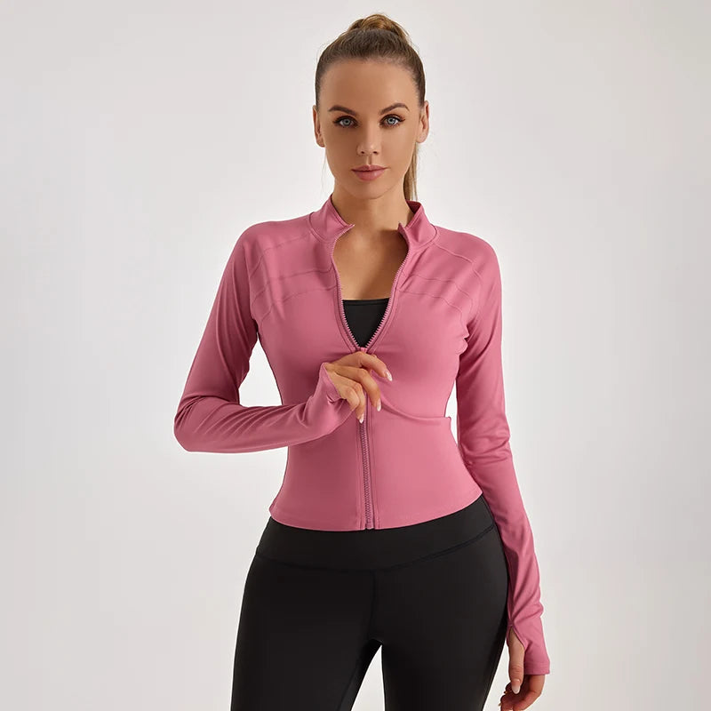 High Elasticity Long Sleeve Quick Dry Soft Fabric Anti-piling Sun-proof Yoga Coat Women Zipper Fitness Black White Yoga Jacket