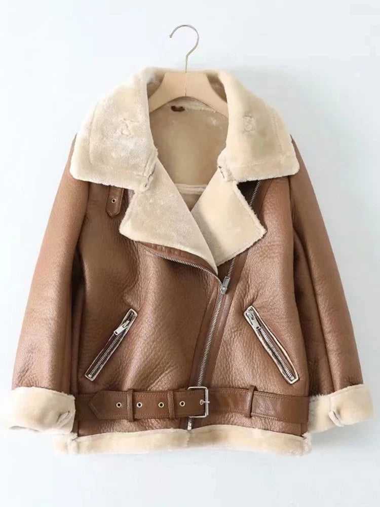 Ailegogo Winter Coats Women Thickness Faux Leather Fur Sheepskin Female Fur Leather Jacket Aviator Outwear Casaco Feminino