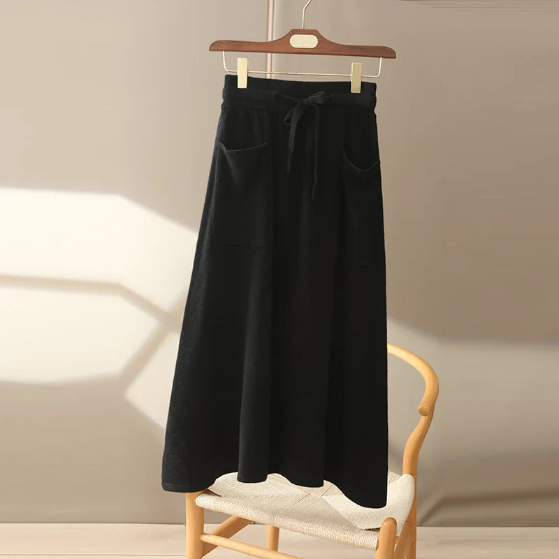 Autumn And Winter100% Pure Wool Skirt Women's Long Pocket Small A Skirt High Waist Slim Cashmere Knit A-Line Skirt - reetell