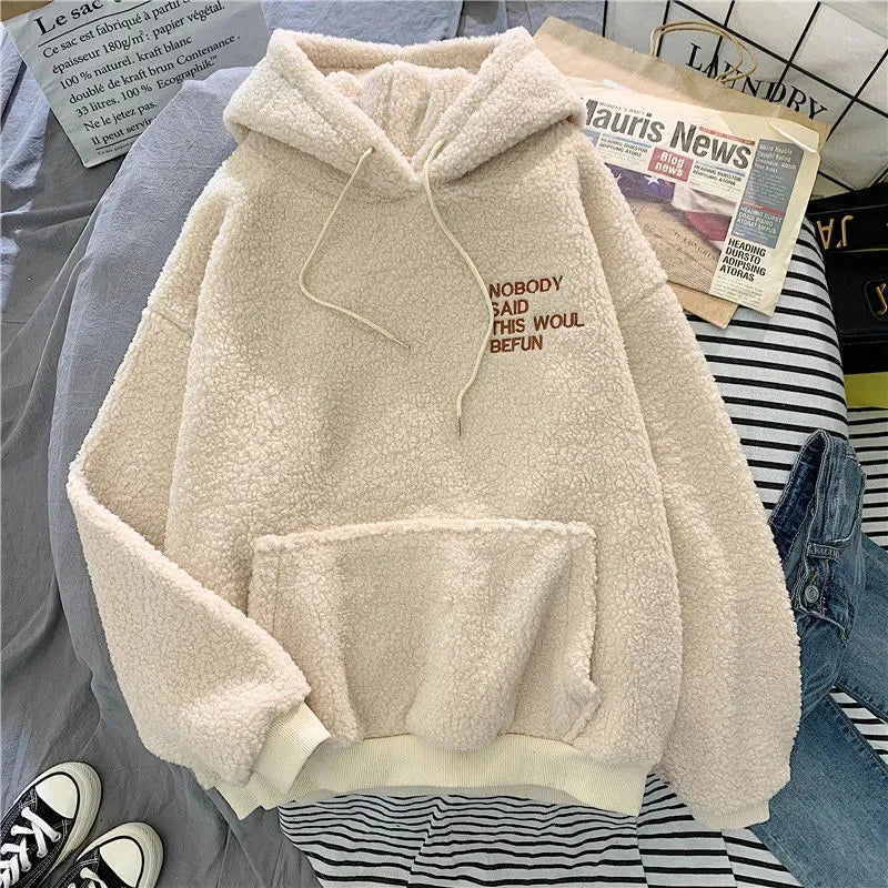 Fleece Hooded Sweatshirt Women Padded Thickened Warm Long Sleeve Pullover Preppy Style Casual Letters Winter Female Coat - reetell