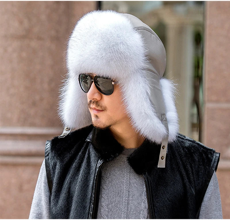 Winter Men's 100% Real Silver Fox Fur Bomber Hat Raccoon Fur Ushanka Cap Trapper Russian Man Ski Hats Caps Real Leather