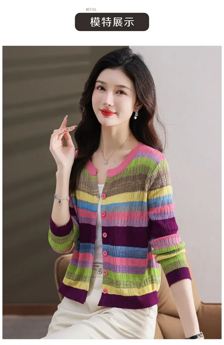 Fashion Women Clothing Colorful Striped Cardigan Sweater Spring Autumn New Korean Versatile Casual Long Sleeve Knitted Coats - reetell