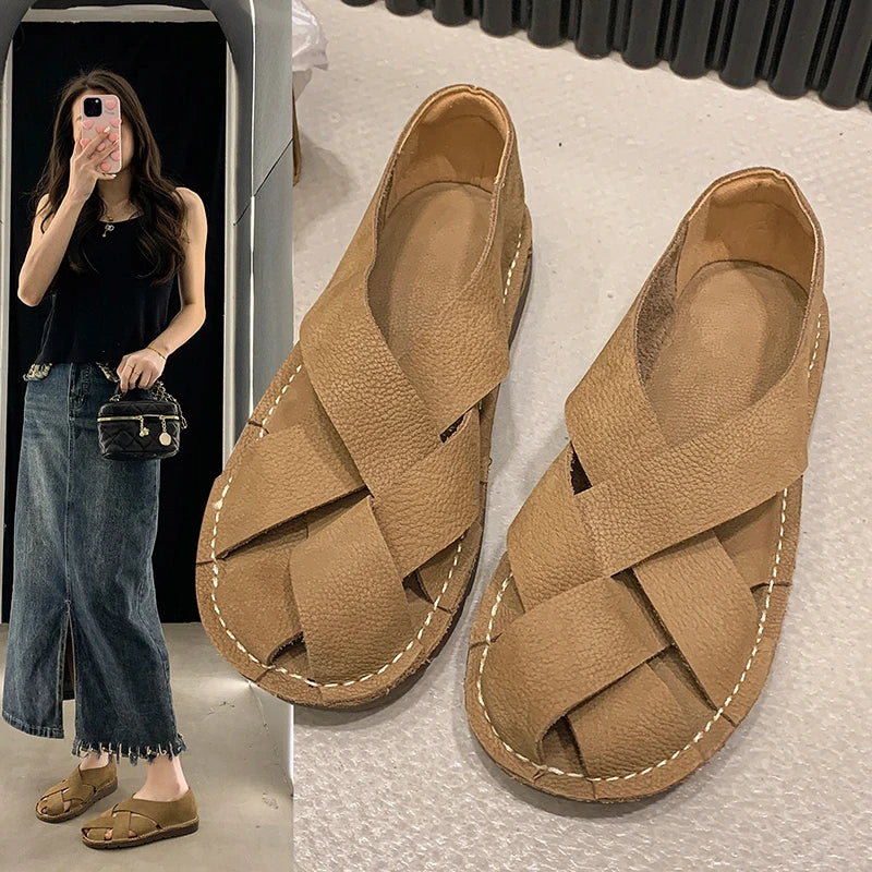 2024 leather Women's Sandals Top Layer Cowhide Handmade Woven  Women casual Flats the retro art mori girl shoes