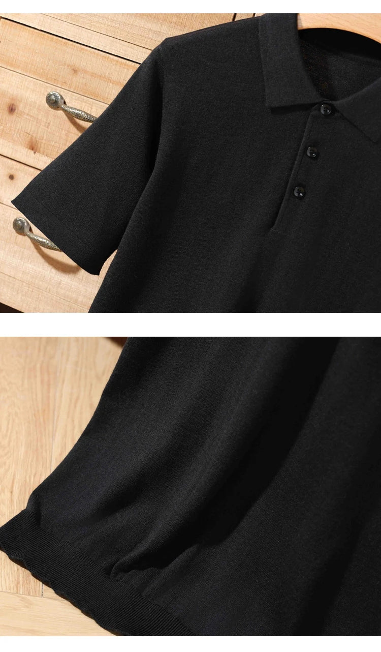 100% merino sweater summer men's lapel pullover short sleeve POLO neck sweater loose top knitted clothing plus size T-shirt