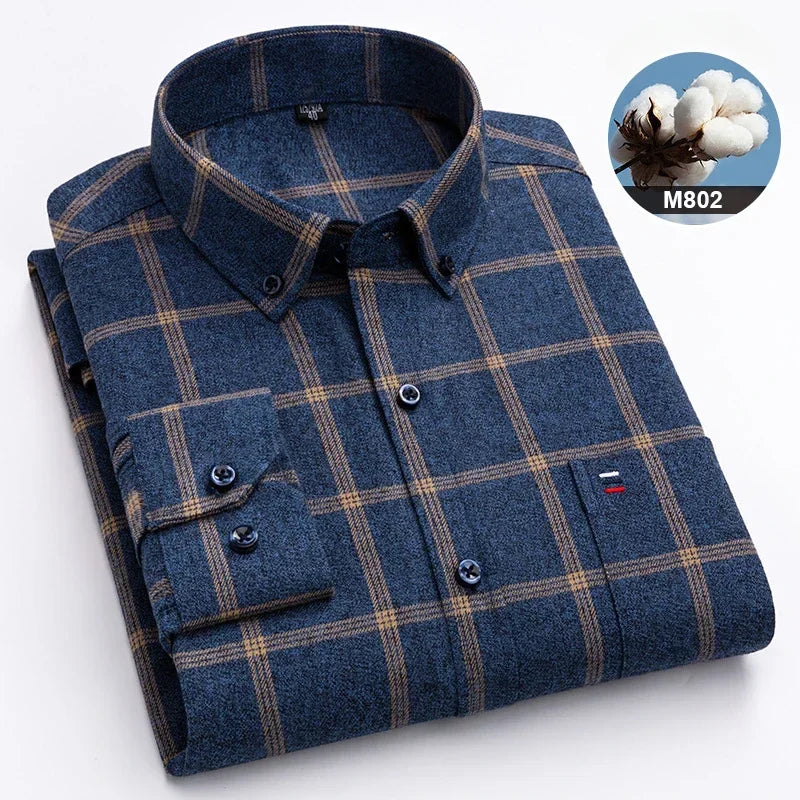 Hight qulity plus size 7XL100%cotton brushed long sleeve shirts for men korean plaid slim fit formal shirt soft designer clothes