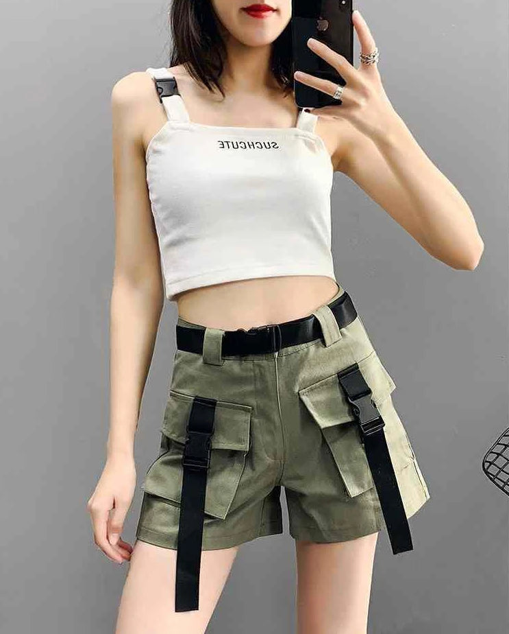 Boxer Women's Cargo Shorts with Pockets Female Short Pants Wide High Waist Korean Style Aesthetic Design Harajuku Fashion Cheap - reetell