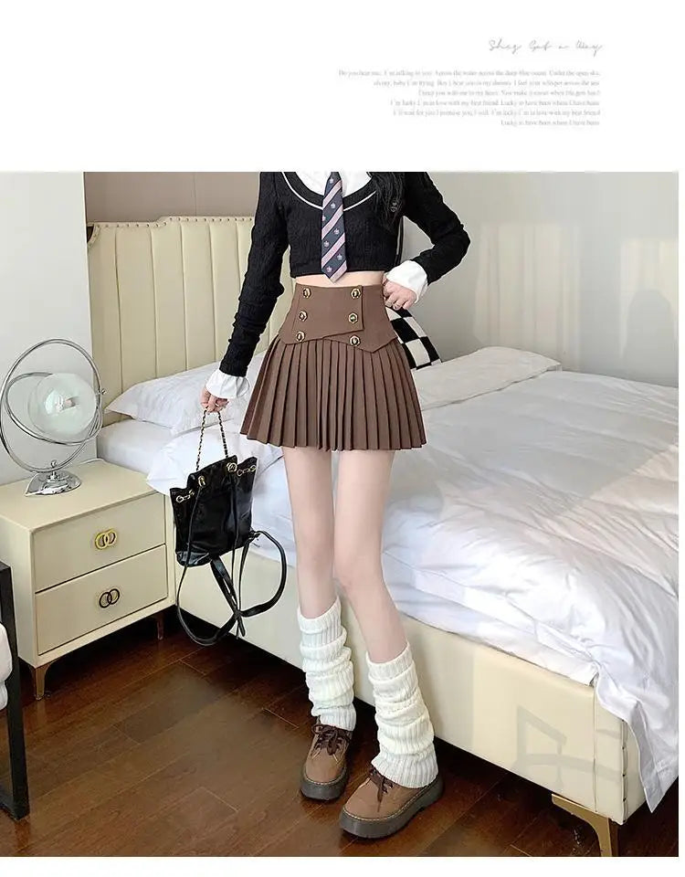 Pleated Skirt New Spring Autumn All-match Buttons Solid Color High Waist A-line Skirt Femme Preppy Style Pleated Trend Skirts - reetell