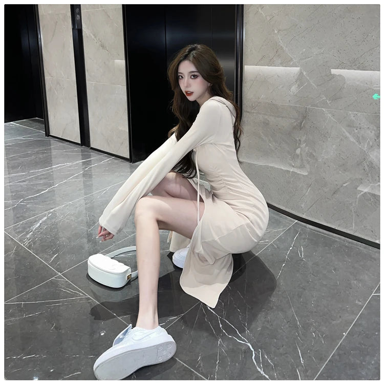 Autumn Fashion Solid Hooded Party Dresses for Women Elegant Birthday Evening Dress Female Sweatshirt Slit Midi Vestidos Mujer - reetell