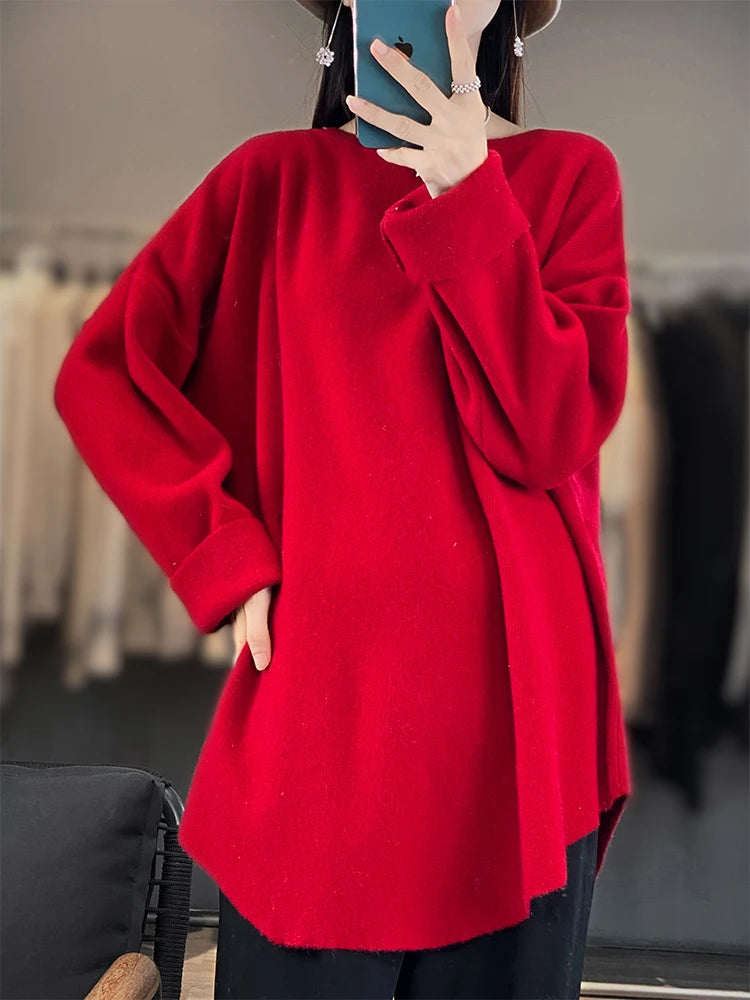 Fashion Women Round Collar Sweater 100% Merino Wool Pullovers Autumn Winter Loose Cashmere Knitwear Female Clothes Korean Tops - reetell