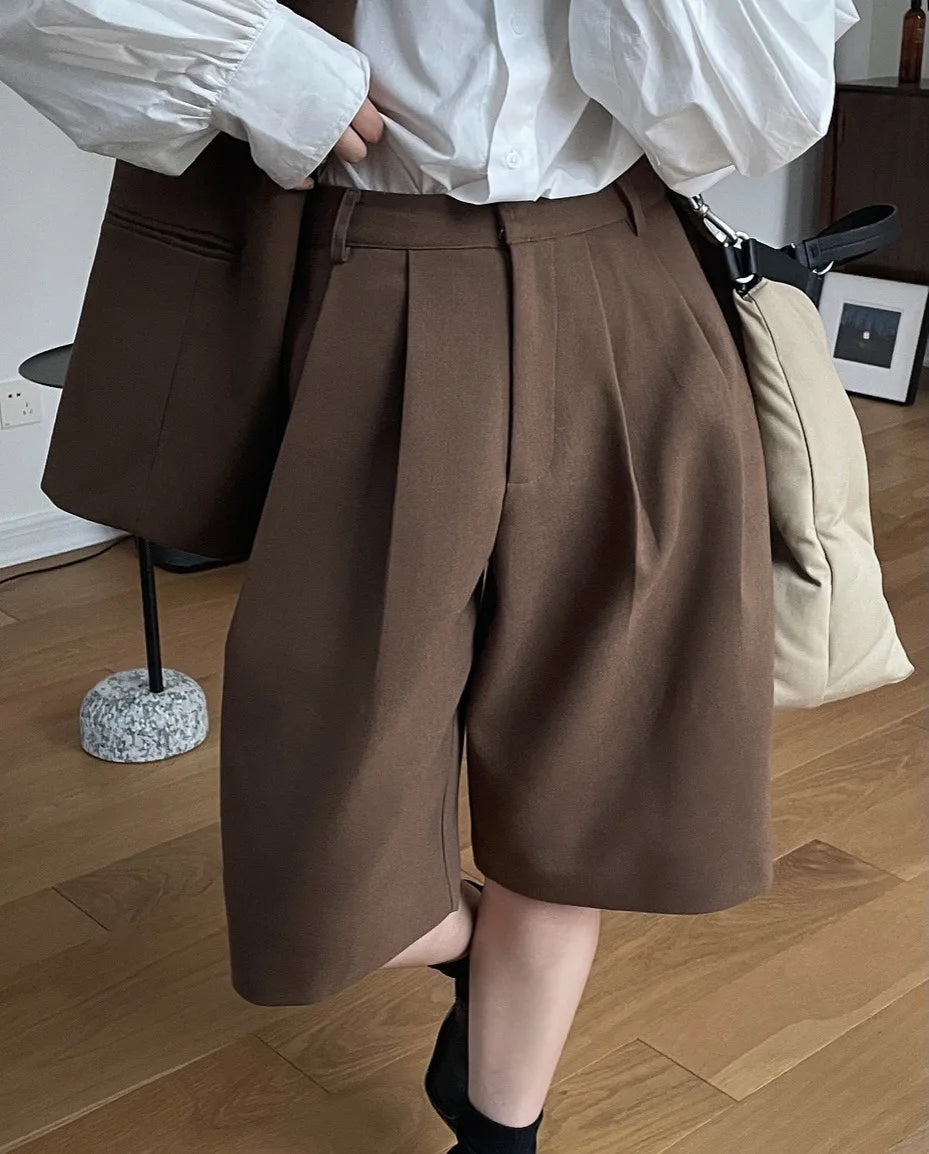 [LANMREM] Pleated Wool Shorts For Women High Waist Straight Office Lady Loose Clothing Korean Style 2024 Summer New 26D8692 - reetell