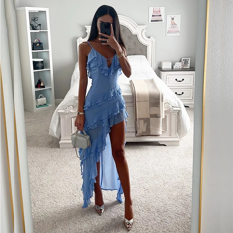 Fashion Ladies V-neck Ruffled Slim Long Dress Casual Sleeveless Solid Holiday Dress Sexy Suspender Irregular Evening Dress Mujer - reetell