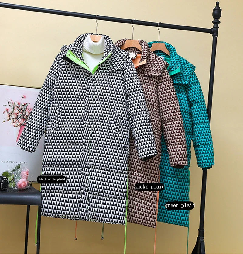 2024 Winter Warm Parka Plaid Long Sonw Coat Women's Fashion Thicken Hooded Puffer Jacket Female Windproof Warm Outwear