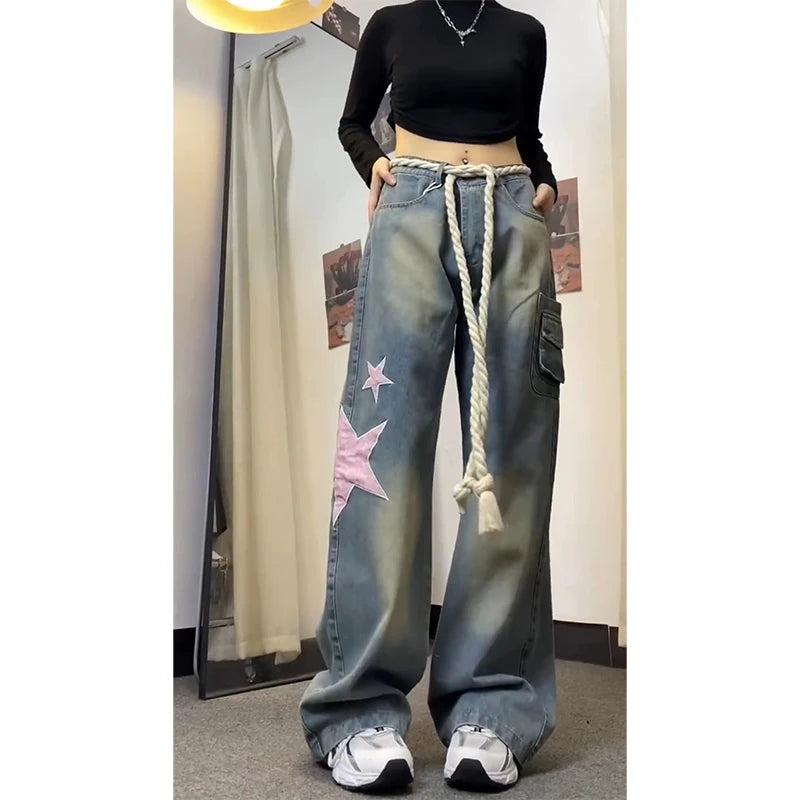 Women Baggy Star Jeans Vintage Harajuku Oversize High Waist Denim Trouser Emo 2000s Y2k 90s Aesthetic Wide Pants Trashy Clothes - reetell