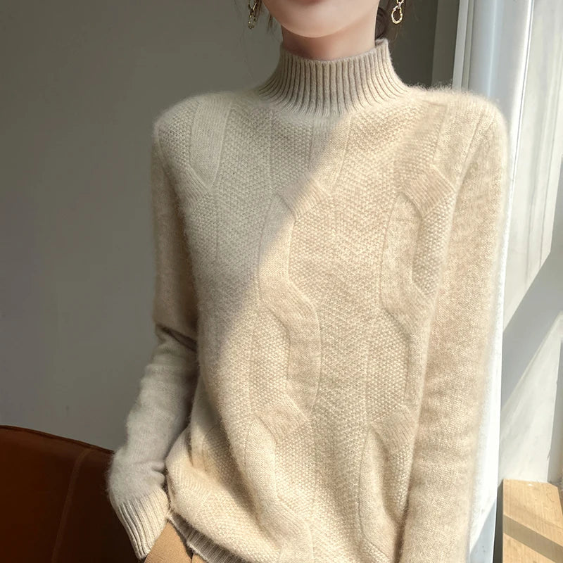 100% Merino Wool Half Turtleneck Pullover Women's Autumn and Winter Thick Twist Flower Sweater Korean Fashion Women's Wear - reetell