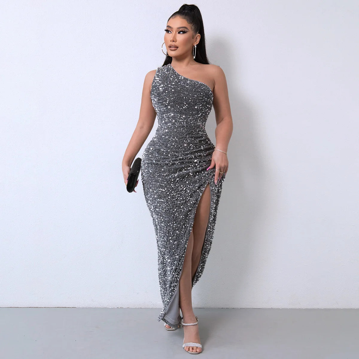 Women Long Dresses Sexy One Shoulder Bodycon Evening dresses Sequined Irregular Prom Dress Cocktail Birthday Party Welcome Dress - reetell