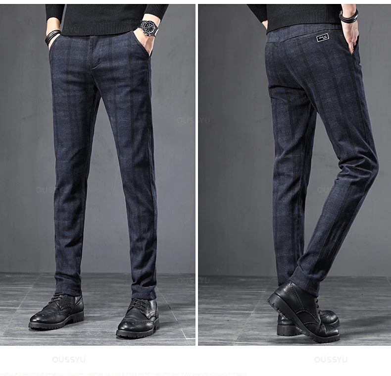 2024 New Spring Autumn England Plaid Work Stretch Pants Men Business Fashion Slim Grey Blue Casual Pant Male Brand Trousers 38 - reetell