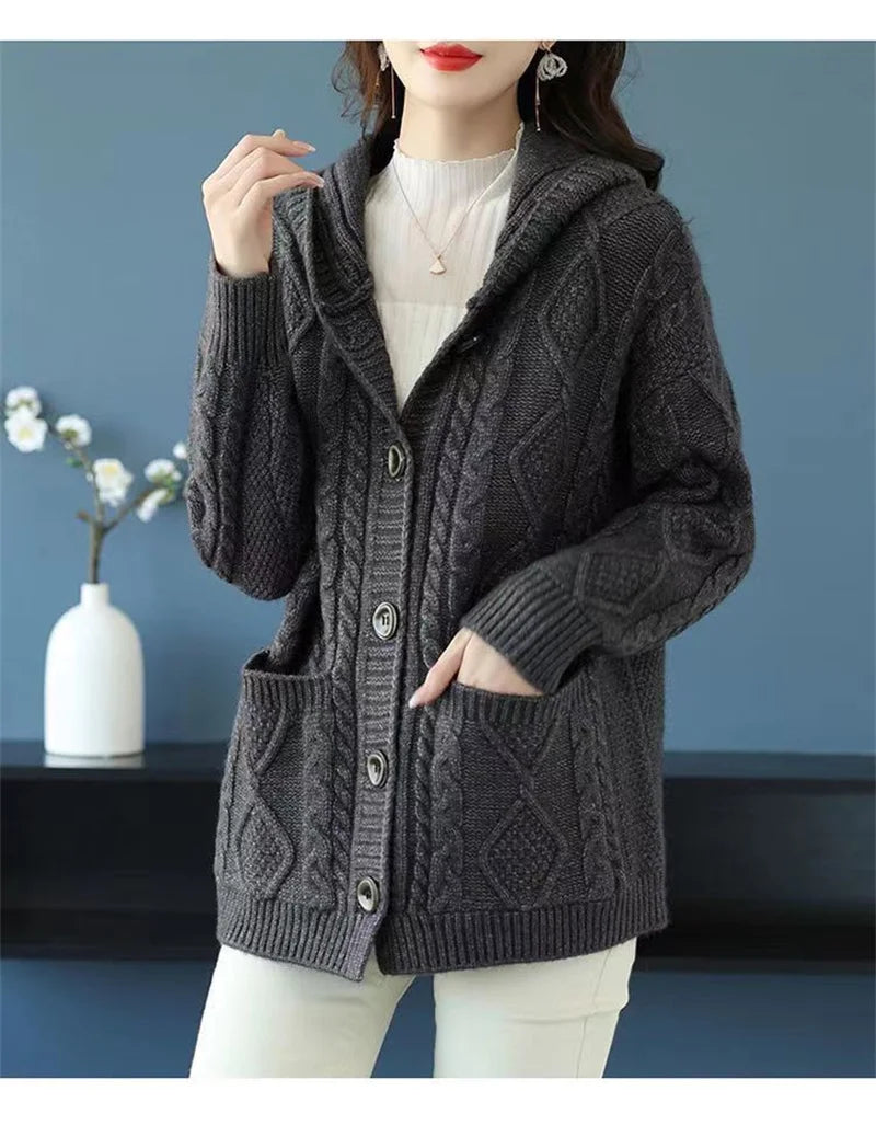 Hooded Sweater Spring And Autumn Mother Sweater Jacket Female Jacket 2023 New Loose Pocket Zipper Knitted Cardigan Mom HoodyCoat - reetell