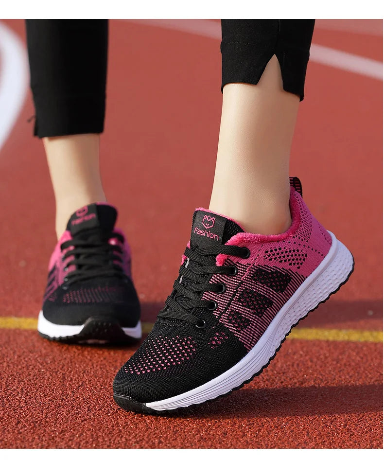 Women Casual Shoes Breathable Walking Mesh Lace Up Flat Shoes Sneakers Women Tenis Feminino Pink Black White - reetell