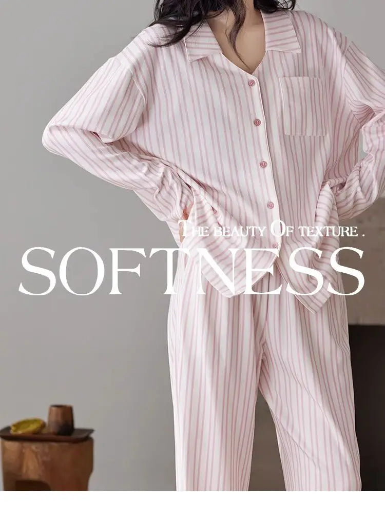 Striped Pajamasr Women Spring Autumn 2024 New Loungewear Cardigan Long Sleeved Cotton Sleepwear Lace V-neck Casual Homewear