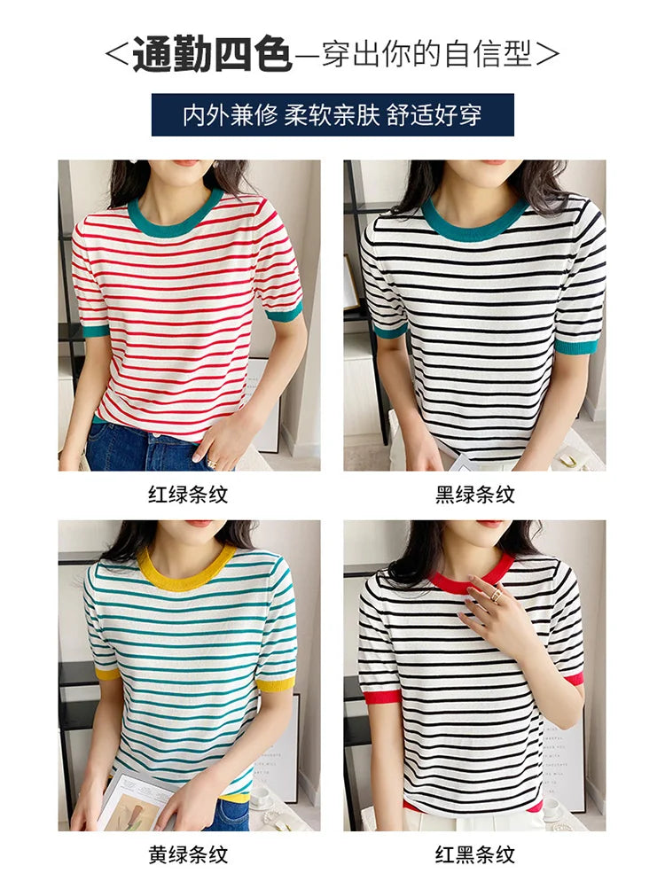 Short Sleeve T-shirts Women Striped Basic Chic Simple All-match Harajuku Retro Cotton O-neck Trendy Loose Leisure Cozy Womens - reetell