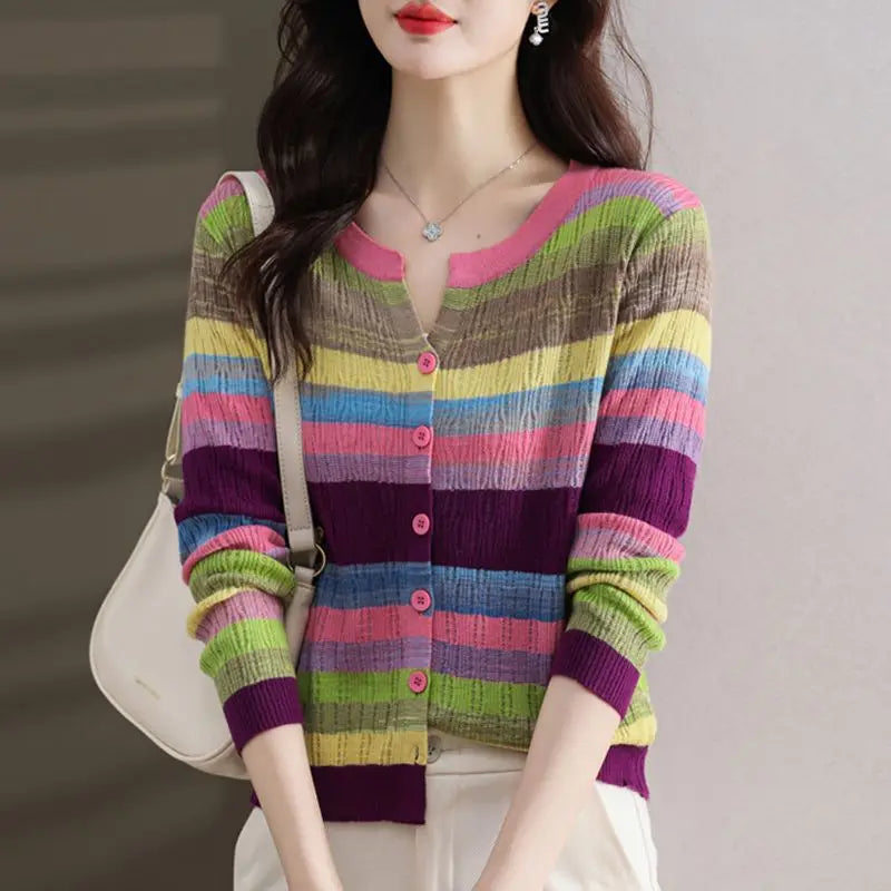 Fashion Women Clothing Colorful Striped Cardigan Sweater Spring Autumn New Korean Versatile Casual Long Sleeve Knitted Coats - reetell