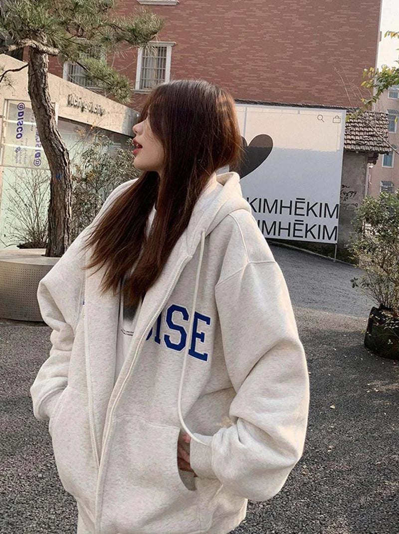 MEXZT Streetwear Zip Up Hoodies Women Oversized Letter Print Sweatshirt Harajuku Korean Plus Fleece Thick Casual All Match Tops - reetell