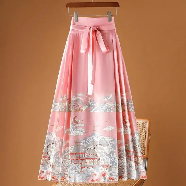 Maxi Chinese Style Horse Face Skirts Women Hanfu Vintage Harajuku Saia Casual Long Print Pleated Skirt Woman Clothing Faldas - reetell