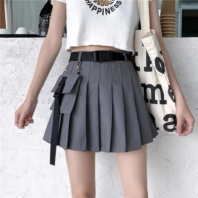 Zoki Harajuku Belt Pleated Cargo Skirt Women Fashion Gothic High Waist Pocket Mini Skirts Fashion Summer Lady A Line Black Skirt - reetell