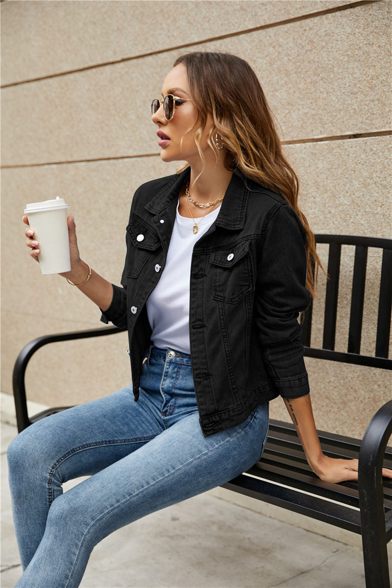 Women's Denim Jackets Fashion Female Casual Long Sleeve Lapel Solid Button Down Chest Pocket Slim Jean Jacket Fall Winter Coat