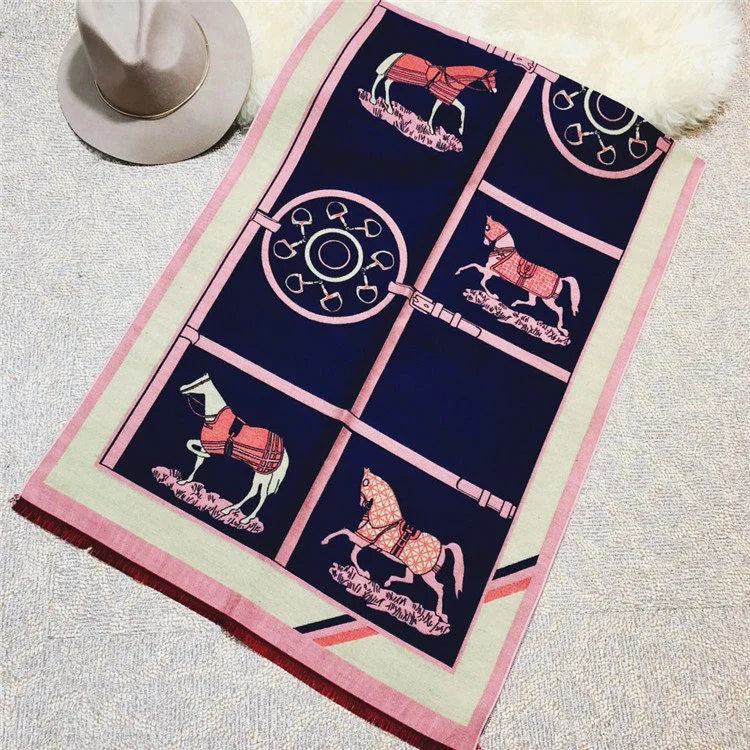 Women's Autumn Winter Horse Pattern Scarf New Luxury Cashmere Feeling Large Blanket Wrap Soft Warm Brand Shawl Retro & Classical - reetell