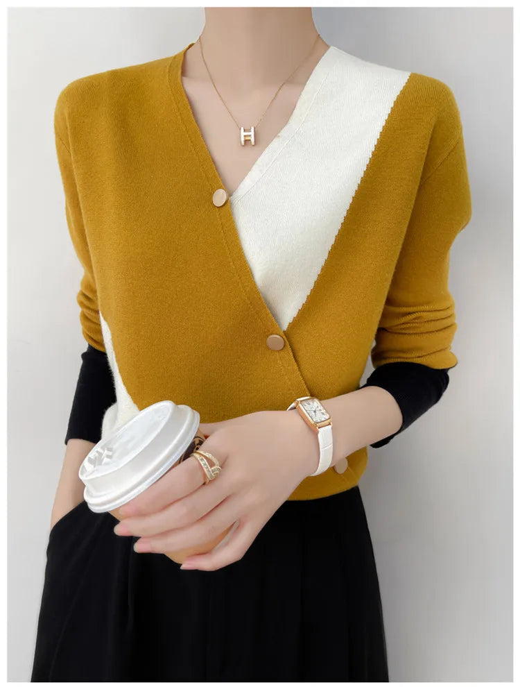 Women's Cashmere Sweater Spring Colorblock Sweater Women Casual Pullover Ladies Knitwear Fashion Sweater Female Thin Inner Top - reetell