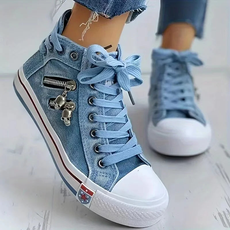 2024 New Women Canvas Shoes Retro Lace Skull Light Blue Retro Denim High Top Sneakers Classic Metal Decoration Casual Zapatillas