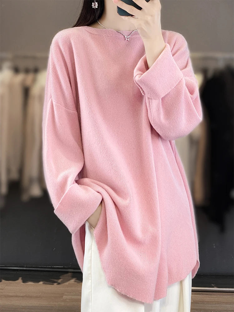 Fashion Women Round Collar Sweater 100% Merino Wool Pullovers Autumn Winter Loose Cashmere Knitwear Female Clothes Korean Tops - reetell