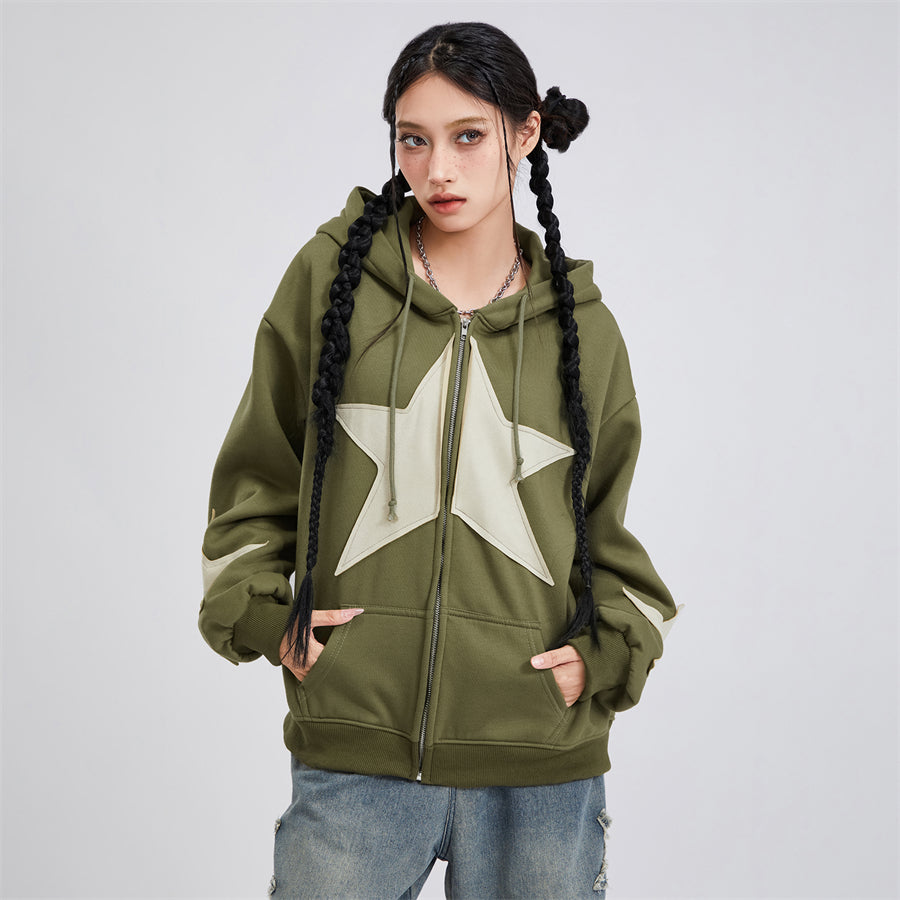 wsevypo Grunge Retro Star Print Hoodies Autumn Women's Long Sleeve Zip-up Hooded Sweatshirts with Front Pocket Street Outwear - reetell