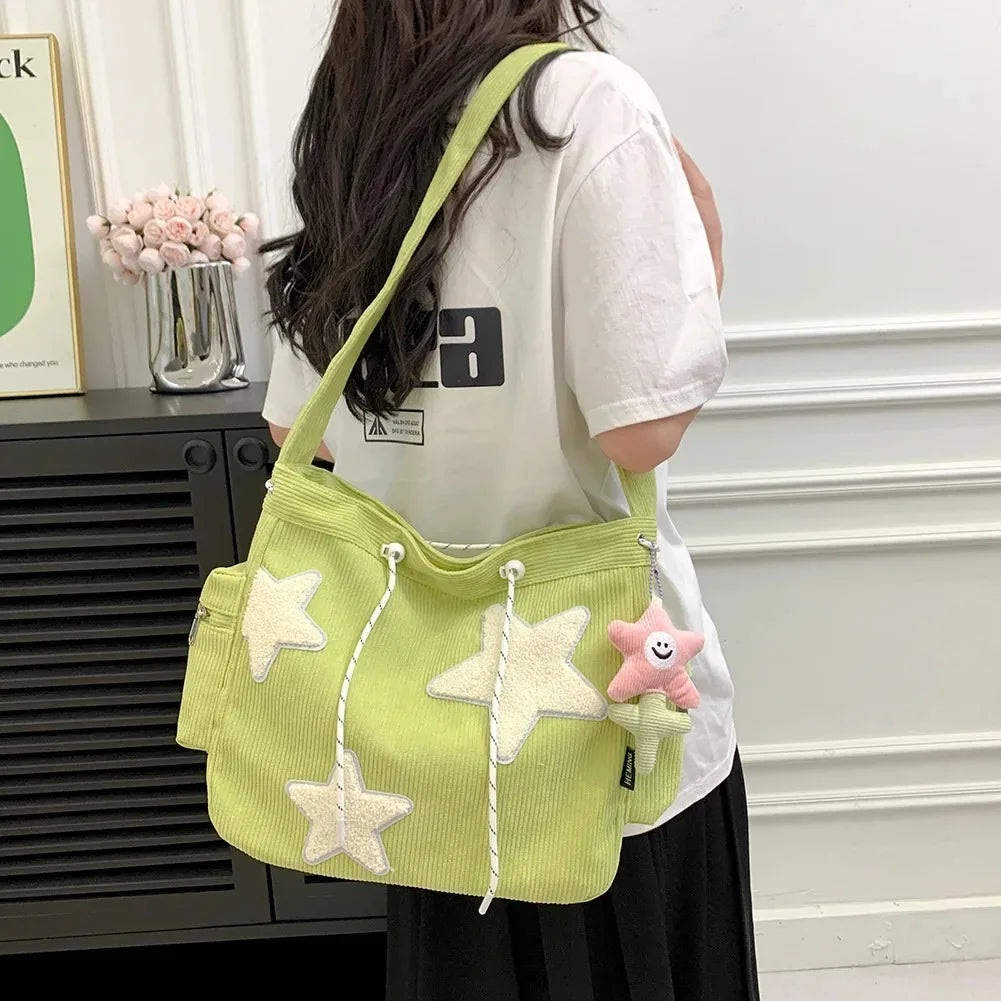 Women Star Pattern Corduroy Crossbody Bag Casual Tote Lady Simple Large Capacity Shoulder Bag Girl Travel School Bookbag Handbag