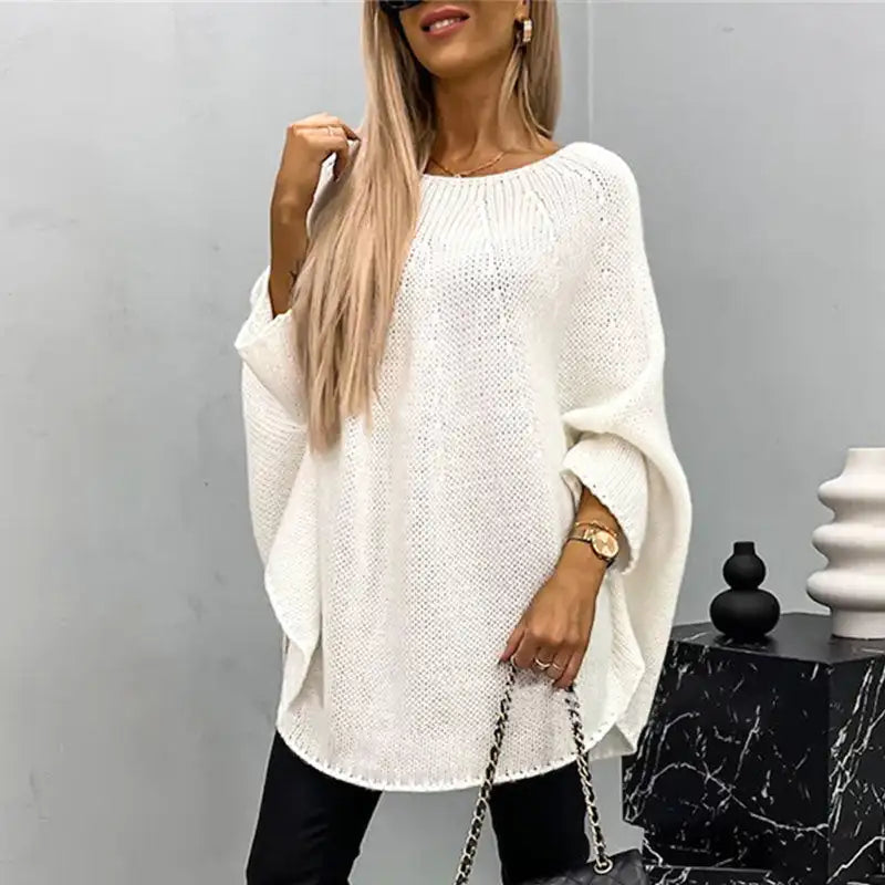 Women’s Sweater Tops Casual Knitted Long Sleeve Cape Sweater Solid Color Knitted Pullover Cape Round Neck Shawl Crochet Sweater - reetell