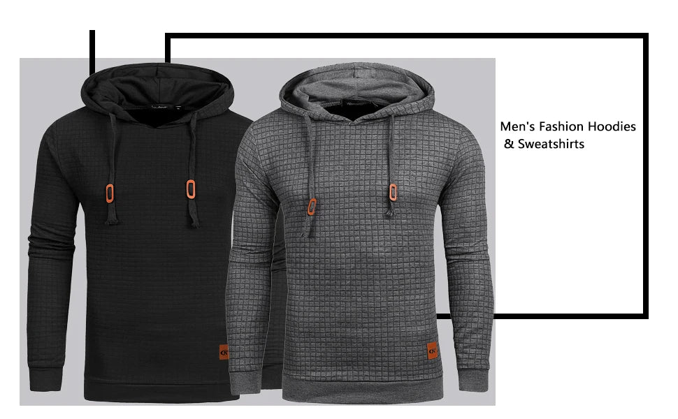 Men Autumn Casual Hoodies Long Sleeve Drawstring Pullover Sweatshirt Tracksuit Hooded Sweatshirts Streetwear with Plaid Jacquard - reetell