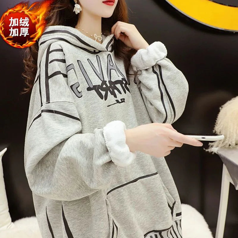 Autumn Winter New Sweatshirts Oversized Women Clothes Casual Korean Printing Loose Fleece Pullover Coat Femme Mid Length Top - reetell