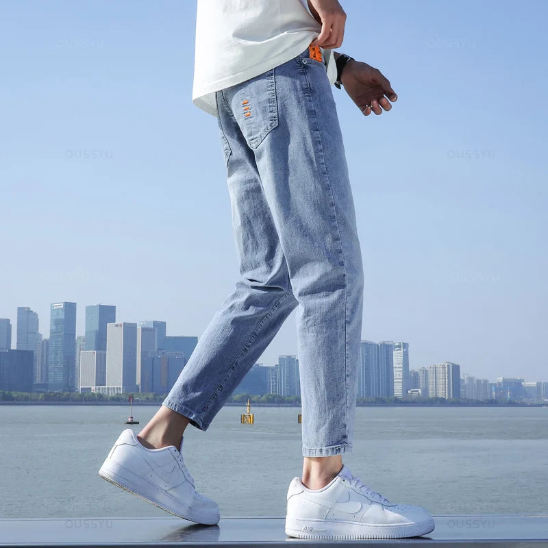 2024 New Men's Stretch Ankle Length Jeans Light blue Fashion Casual Cotton Slim Fit Denim Pants Korean Trousers Male Brand Cloth - reetell