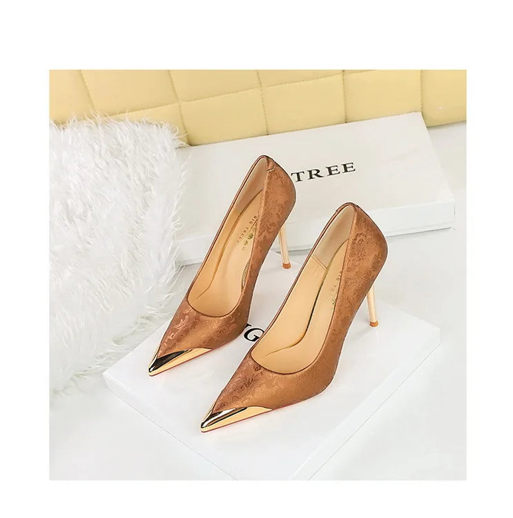 BIGTREE Shoes Metal Pointed End Women Pumps Silks Satins High Heels Ethnic Style Women Stilettos Heels 10 Cm Banquet High Heels